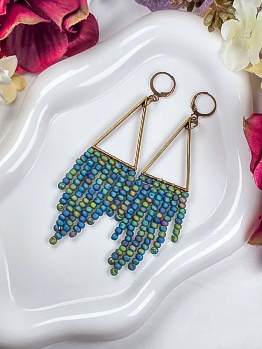 Beaded Fringe Earrings | Turquoise Geometric Statement Dangles